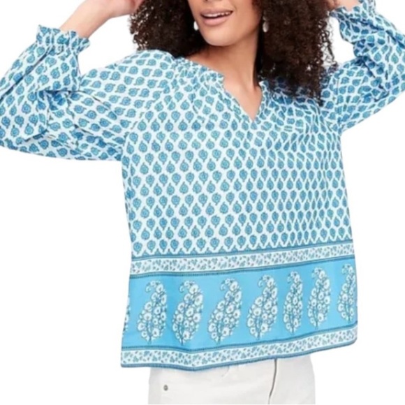 J Crew Blue and White Block Floral Paisley Print Boho Popover Cotton Top - Picture 3 of 12